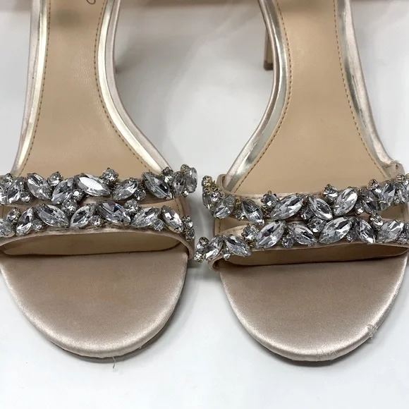 JEWEL BADGLEY MISCHKA Caroline Rhinestone Champagne Ankle Beaded Heels Size 7.5 - Picture 5 of 16